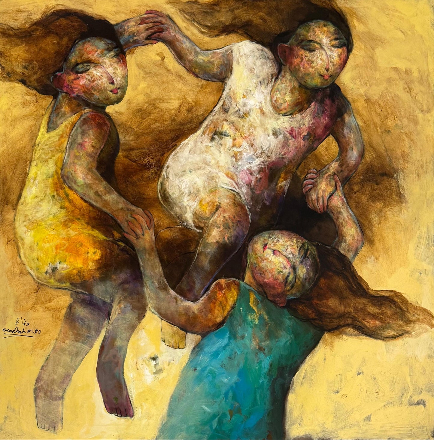 An abstract painting depicting three stylized human figures in warm yellow, brown, teal, and cream tones, with visible canvas edges and a signature in the lower left.